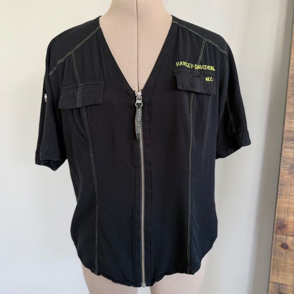 Harley-Davidson Tops - Harley-Davidson MC Black‎ Short Sleeve Full Zip-Up Shirt Women's Size Medium